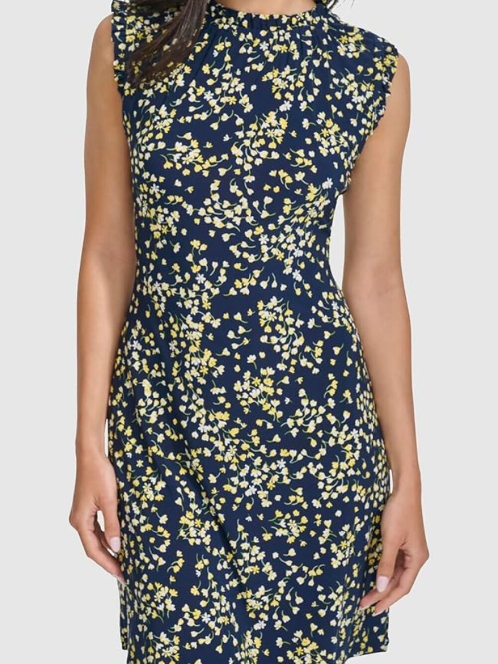 Tommy Hilfiger Ruffle Neck Floral Jersey Dress Navy Yellow Size 10 NWT